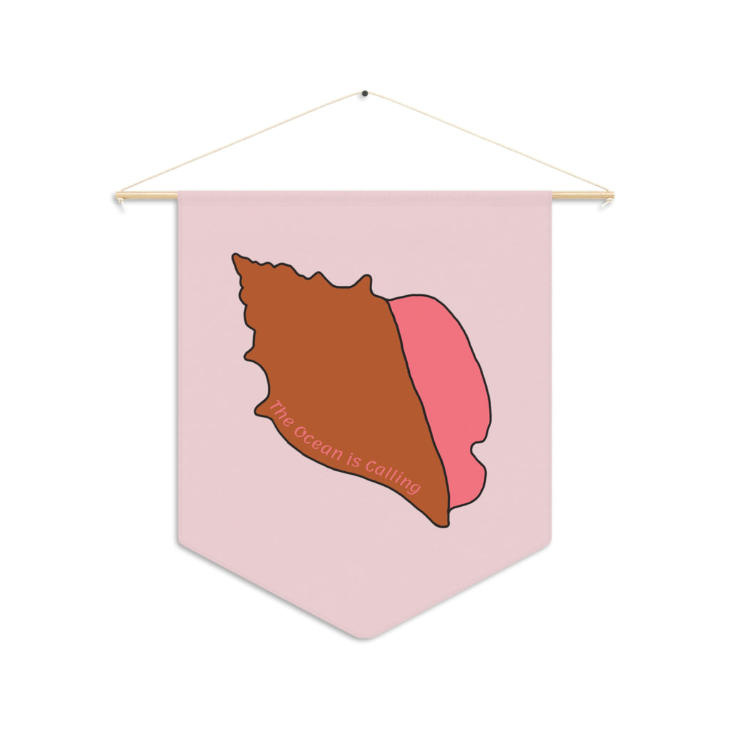 Seashell Pennant Banner — Retro Pink Wall Flag ("The Ocean Is Calling")