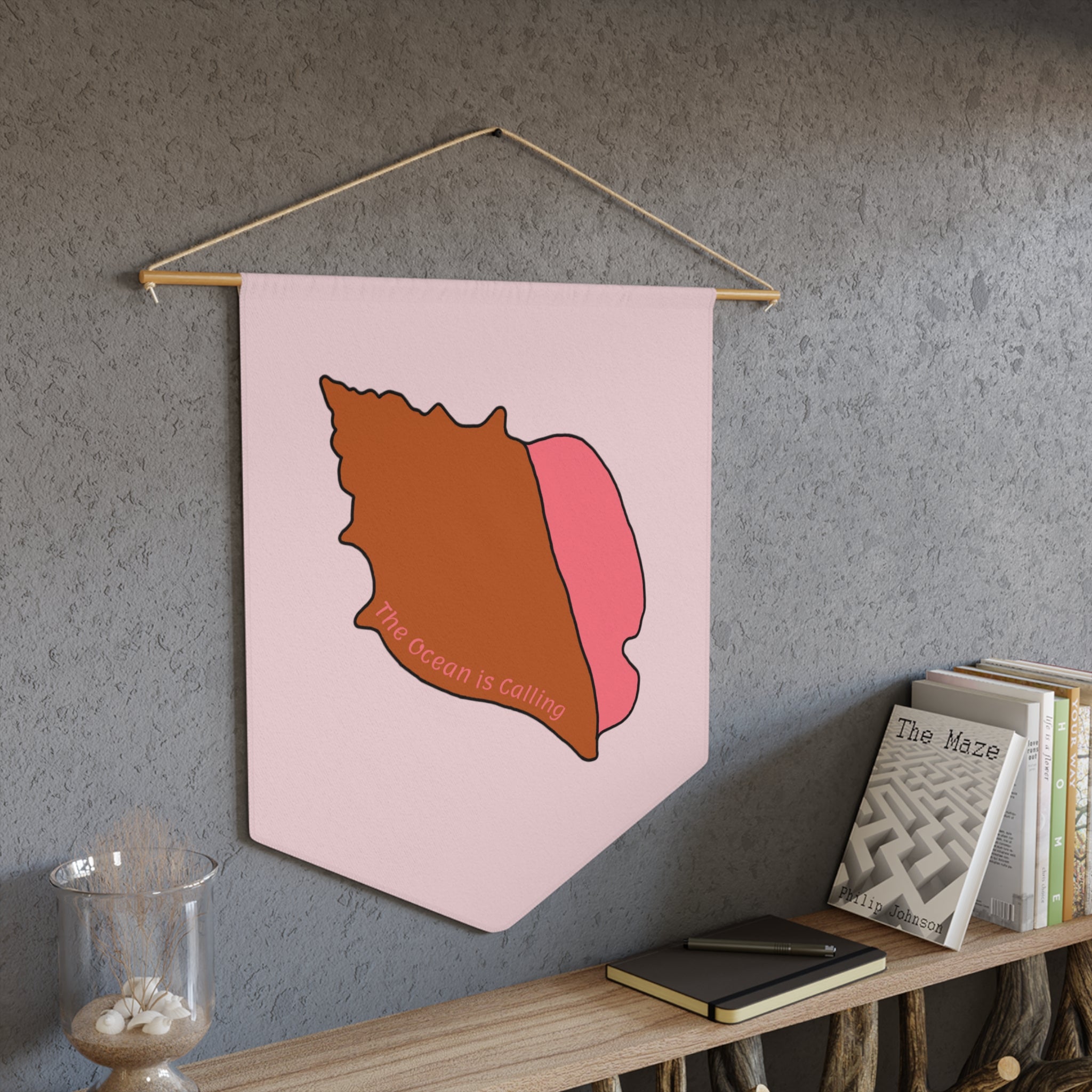 Seashell Pennant Banner — Retro Pink Wall Flag ("The Ocean Is Calling")