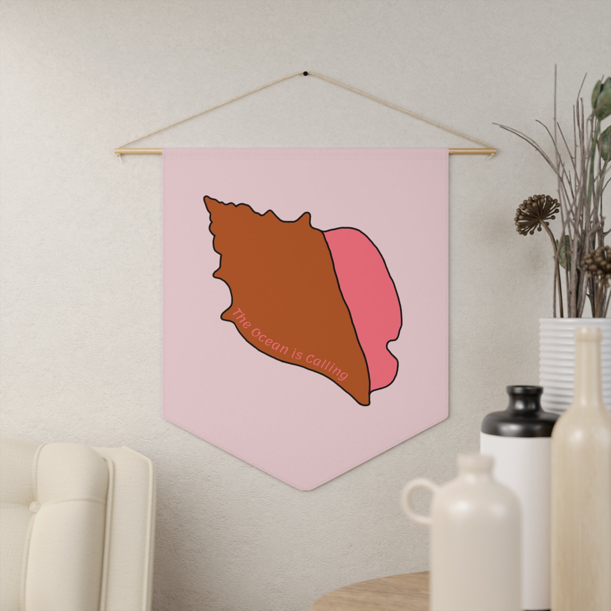 Seashell Pennant Banner — Retro Pink Wall Flag ("The Ocean Is Calling")